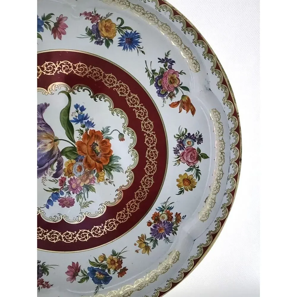 Vintage Daher Decorated Ware Floral Tin Tray 12” Round England Burgundy Gold